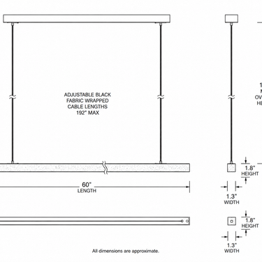 Technical line drawing of Lino 60 linear chandelier showing 60 inch length, slim profile, and adjustable 192 inch suspension cables