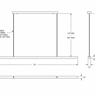 72-inch linear chandelier technical line drawing with dimensions, adjustable 192-inch cable, slim modern LED fixture design