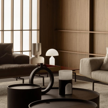 Luxury opaline glass table lamp by Oluce with soft diffused LED lighting for living room