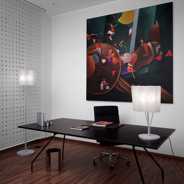 Modern Italian table lamp with dimmable E26/A19 bulbs, grey glass shade, and pale grey base for home or hotel interiors