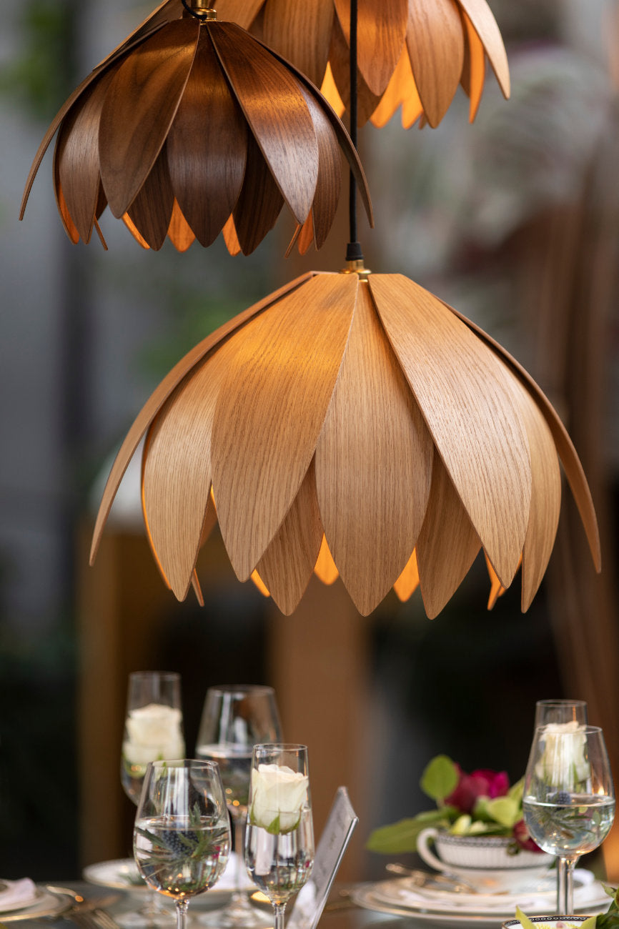 Custom Timber Finish Pendant Light: Lotus Bud Style