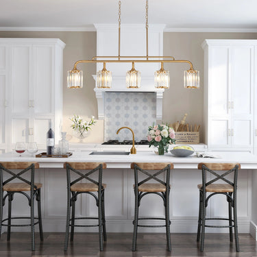 Linear 6 Brass Pendant Light Illuminating a Modern Living Roo