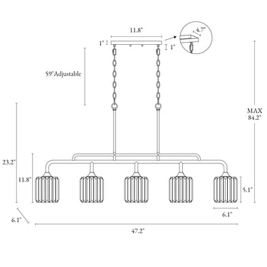 Linear 6 Brass Pendant Light with Detailed Specifications Diagram 