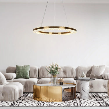 Modern Crystal Chandelier Illuminating a Living Room
