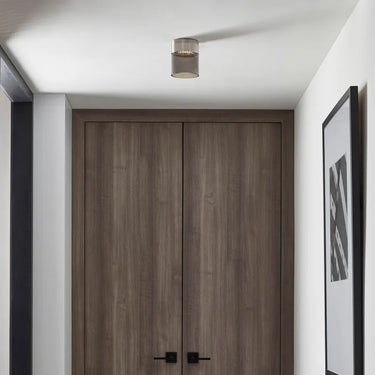 Small round flush mount, smoke glass shade, satin nickel hardware, dimmable LED fixture