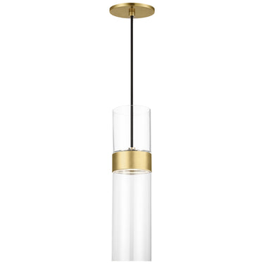 Natural brass Manette pendant light with clear hand blown cylinder glass, 3000K warm LED, single pendant light for office"