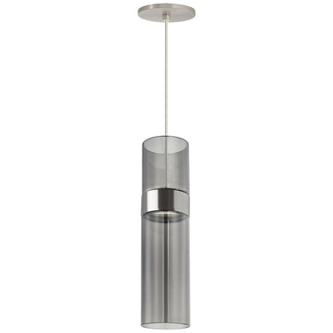 Artisan smoke glass glass pendant light in satin nickel finish Manette satin nickel, close up of metal band detail