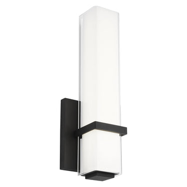 Modern Milan 13 inch bathroom sconce, showing integrated LED module and metal band design, Nightshade Black