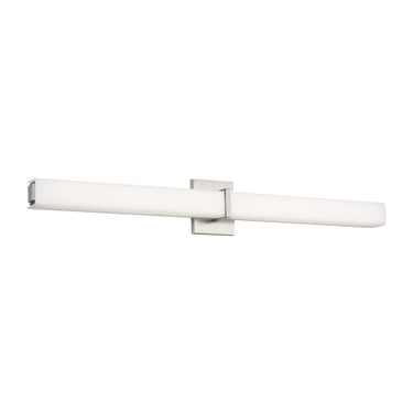 Slim profile LED bath bar with white acrylic and chrome design for modern homes and commercial bathrooms in satin nickel