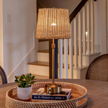 Antique Brass Mini Cordless Buffet Lamp with Rattan Shade