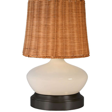 Rechargeable ivory ceramic table lamp made in the USA with rattan shade