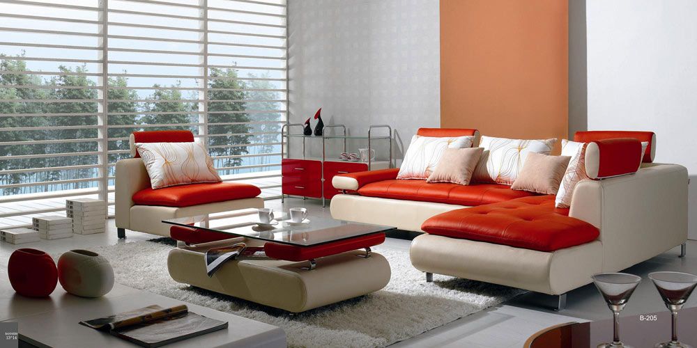 Modern Red and White Leather Sectional Sofa Set B205 Alt 01