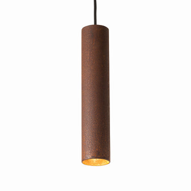 Modern steel tube pendant light hanging over white kitchen island.