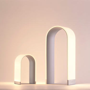 Silver Mr. N Tall LED lamp with integrated USB charger and soft warm light