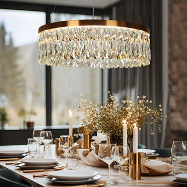 Sparkling Crystal Chandelier with Brass Drum Shade - Dining Area
