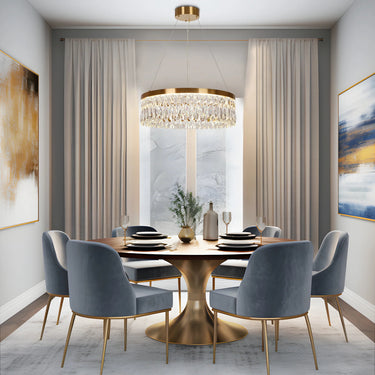 Gold Crystal Chandelier, 24 Inch Drum Pendant  - Round Dining Table