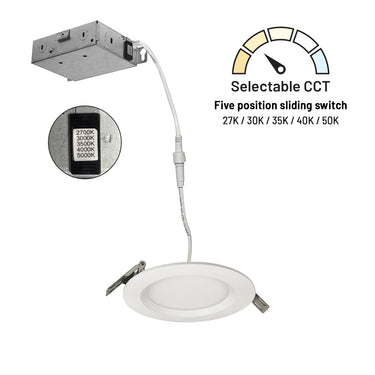 Nora Lighting 4" Flin Round Wafer LED Downlight With Selectable Cct, 950Lm / 10.5W, Matte Powder White Finish 
