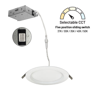 Nora Lighting 6" Flin Round Wafer LED Downlight With Selectable Cct, Matte Powder White Finish, 120-277V Triac/Elv 
