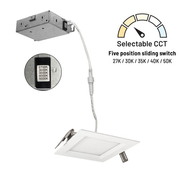Nora Lighting 4" Flin Square Wafer LED Downlight With Selectable Cct, Matte Powder White Finish, 120-277V Triac/Elv 