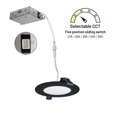 Nora Lighting 4" Flat Non-Metallic Can-Less LED Downlight, Selectable Cct, 700Lm / 10W, Black Finish 