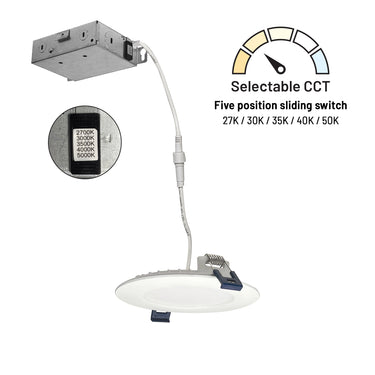 Nora Lighting 4" Flat Non-Metallic Can-Less LED Downlight, Selectable Cct, 700Lm / 10W, Matte Powder White Finish 