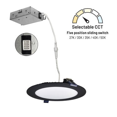 Nora Lighting 6" Flat Non-Metallic Can-Less LED Downlight, Selectable Cct, 1050Lm / 13.5W, Black Finish 