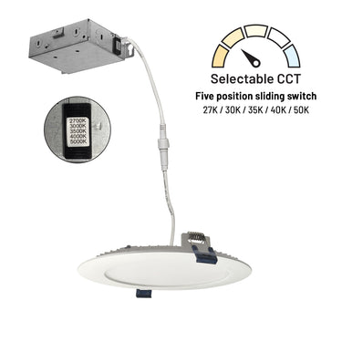 Nora Lighting 6" Flat Non-Metallic Can-Less LED Downlight, Selectable Cct, 1050Lm / 13.5W, Matte Powder White Finish 