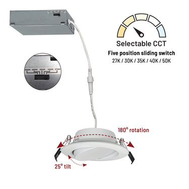 Nora Lighting 4" Flin Adjustable LED Downlight With Selectable Cct, 900Lm / 10W, Matte Powder White Finish 