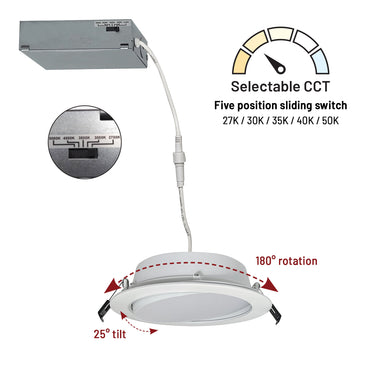 Nora Lighting 6" Flin Adjustable LED Downlight With Selectable Cct, 1100Lm / 13W, Matte Powder White Finish 