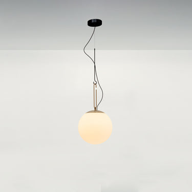 Elegant hanging pendant light with blown glass diffuser and black metal stem – ideal for bedrooms and offices