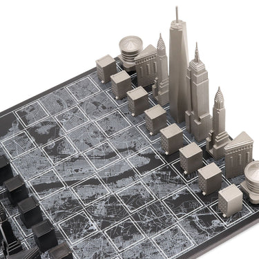 Skyline Chess Set Stainless Steel New York Edition with Wood Map Board