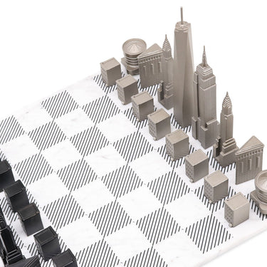 Skyline Chess Set Stainless Steel New York Edition with Marble Hatch Board