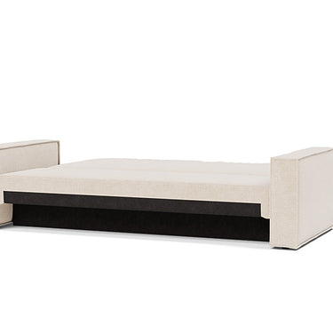 Newilla standard-arm sofa bed with concealed storage compartment in Adario Basmati fabric