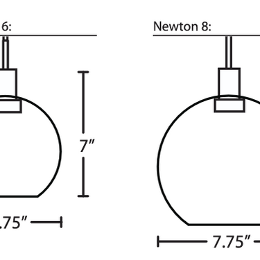 Technical line drawing showing the dimensions of the Besa Newton glass pendant shade