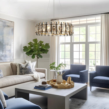Black and Brass Finish on Crystal Drum Chandelier - Living Room Suspension