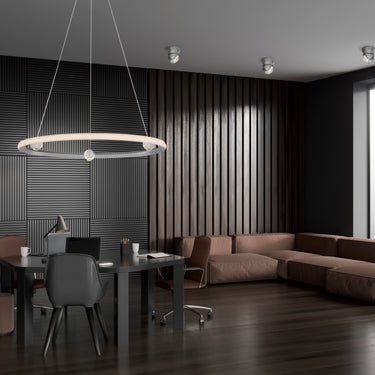 ET2 Nodes ring pendant over a dining table in a dark room with a slatted wood wall