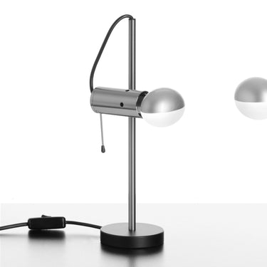 Agnoli table lamp in satin nickel with a matt black base and pull chain