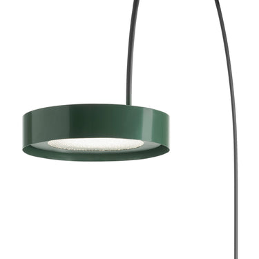 Detail of the green round shade and arched arm of the Berlin-Out floor lamp