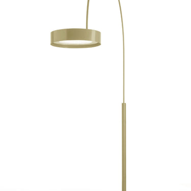 Oluce Berlin-Out arched floor lamp in ivory with a round head on a light studio floor