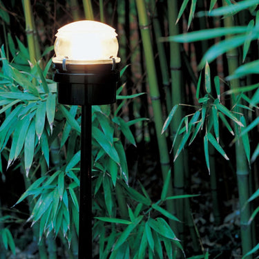 Close view of the glowing glass lens of the Oluce Fresnel outdoor floor lamp among bamboo