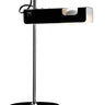 Oluce Spider table lamp in black with a chromed stem on a white background