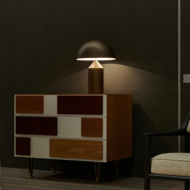 Contemporary Italian Atollo table lamp in satin bronze with cylinder and cone shapes