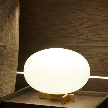 Contemporary designer lamp Alba 265 with blown glass shade and brass base by Oluce