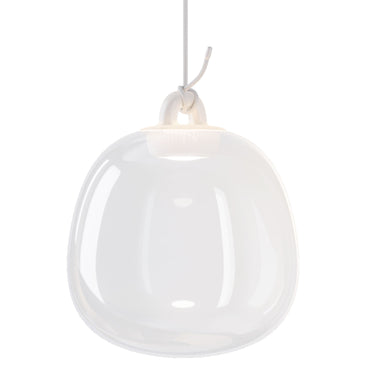 Handcrafted Oblò pendant light featuring iridescent Pyrex glass and knotted fabric cable inspired by nautical elements