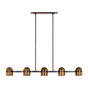 Contemporary 5-light LED brass chandelier with crystal accent ideal for dining tables and luxury interiors