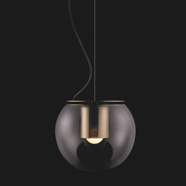 Oluce The Globe pendants in satin gold with transparent blown glass spheres