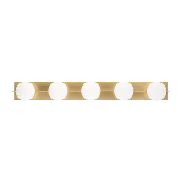 Contemporary 5-light wall sconce with white glass shades for ADA residential and commercial spaces in natural brass