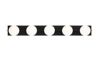 5-light modern vanity wall light with frosted glass globes for residential and commercial bathrooms in matte black