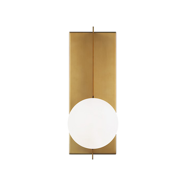 Orbel LED wall light by Visual Comfort Modern in aged brass with frosted glass globe and mid-century modern design