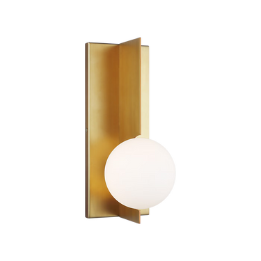 Mid-century modern LED wall sconce in aged brass by Visual Comfort Modern with frosted glass globe